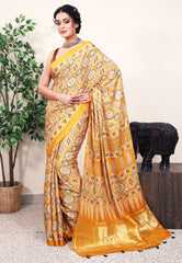 Mustard Ajrakh print in Modal Silk Saree With Blouse Piece