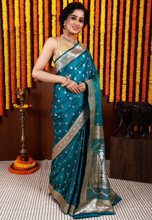 Rama Green Wedding Banarasi Silk Saree with Blouse Piece