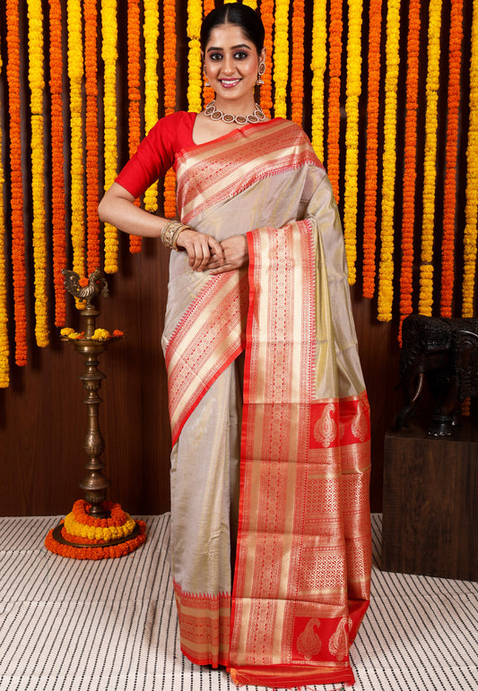 Matt Golden with Red Border Tissue Kanjivaram Silk Saree With Blouse Piece