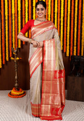 Matt Golden with Red Border Tissue Kanjivaram Silk Saree With Blouse Piece