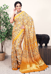 Mustard Ajrakh print in Modal Silk Saree With Blouse Piece