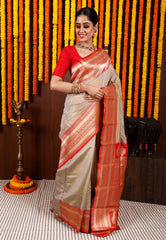 Matt Golden with Red Border Tissue Kanjivaram Silk Saree With Blouse Piece