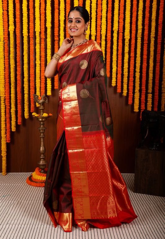 Cross Maroon with Red Border Kanjivaram Silk Saree With Blouse Piece