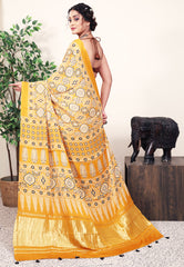 Mustard Ajrakh print in Modal Silk Saree With Blouse Piece