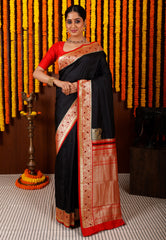 Black with Red Border Kanjivaram Silk Saree With Blouse Piece