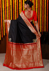 Black with Red Border Kanjivaram Silk Saree With Blouse Piece