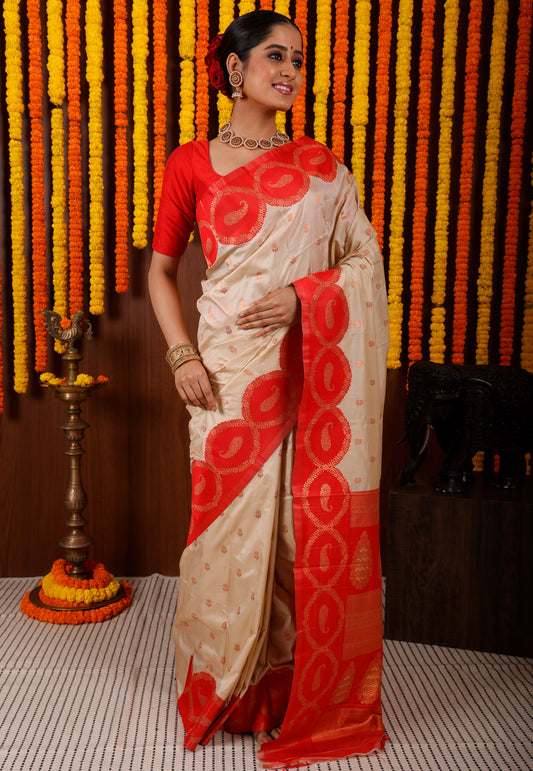 Tussar with Red Border Kanjivaram Silk Saree With Blouse Piece