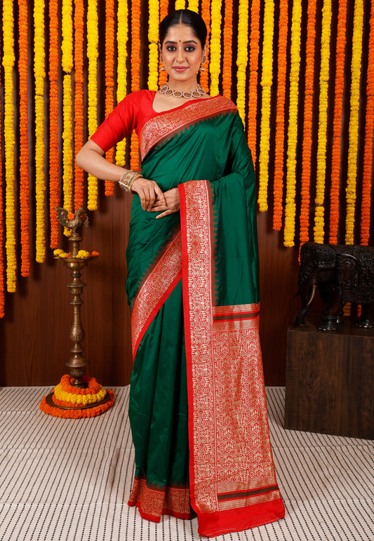 Bottle Green with Red Border Kanjivaram Silk Saree With Blouse Piece