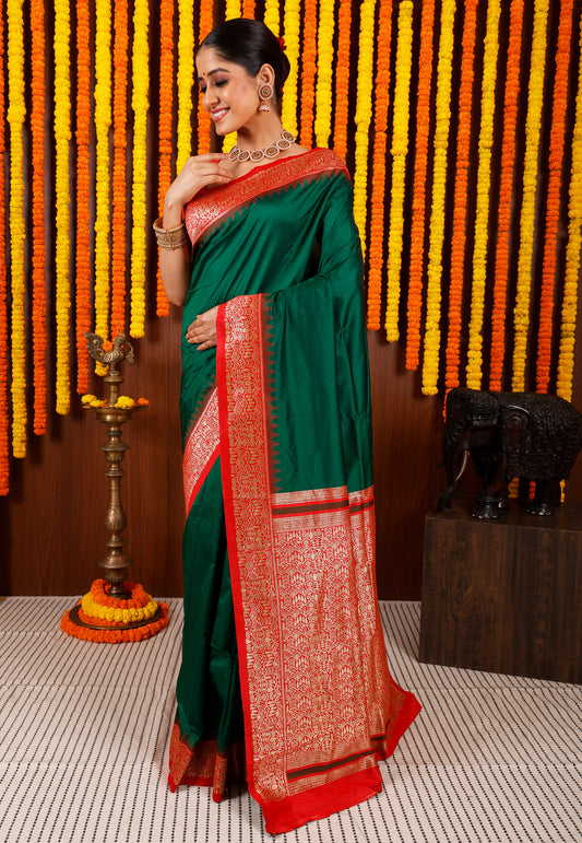 Bottle Green with Red Border Kanjivaram Silk Saree With Blouse Piece