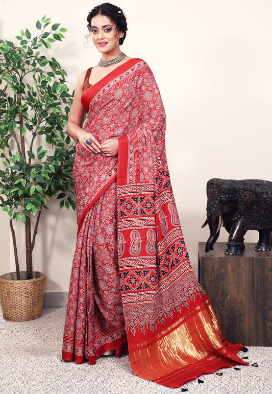 Rust Ajrakh print in Modal Silk Saree With Blouse Piece