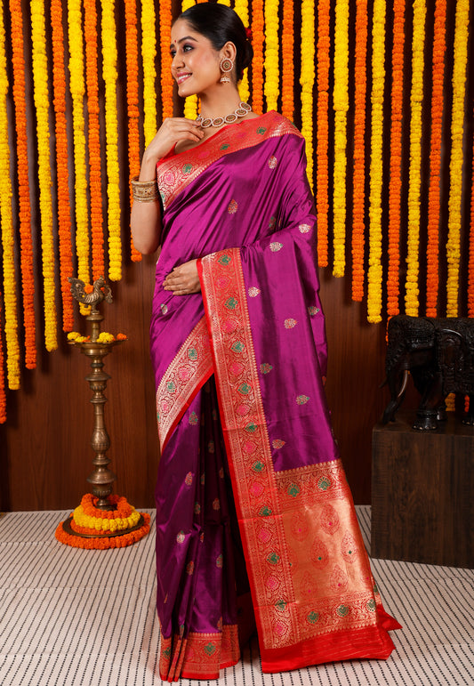 Purple Minakari with Red Border Kadwa Katan Pure Silk Saree With Blouse Piece