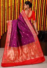 Purple Minakari with Red Border Kadwa Katan Pure Silk Saree With Blouse Piece