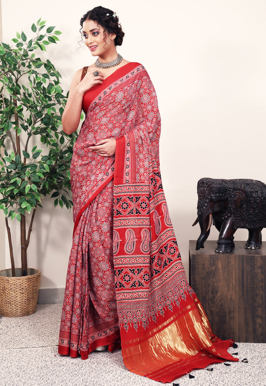 Rust Ajrakh print in Modal Silk Saree With Blouse Piece