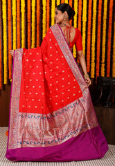 Red with Purple Minakari Border Kadwa Katan Pure Silk Saree With Blouse Piece