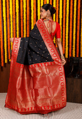 Black with Red Border Kanjivaram Silk Saree With Blouse Piece