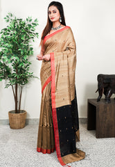 Beige Matka Handloom Pure Silk Saree With Blouse Piece