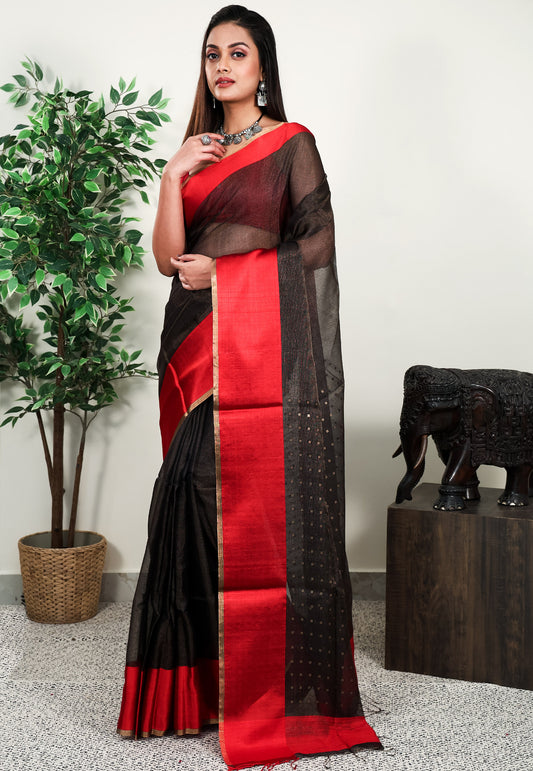 Black Kora Handloom Pure Silk Saree With Blouse Piece