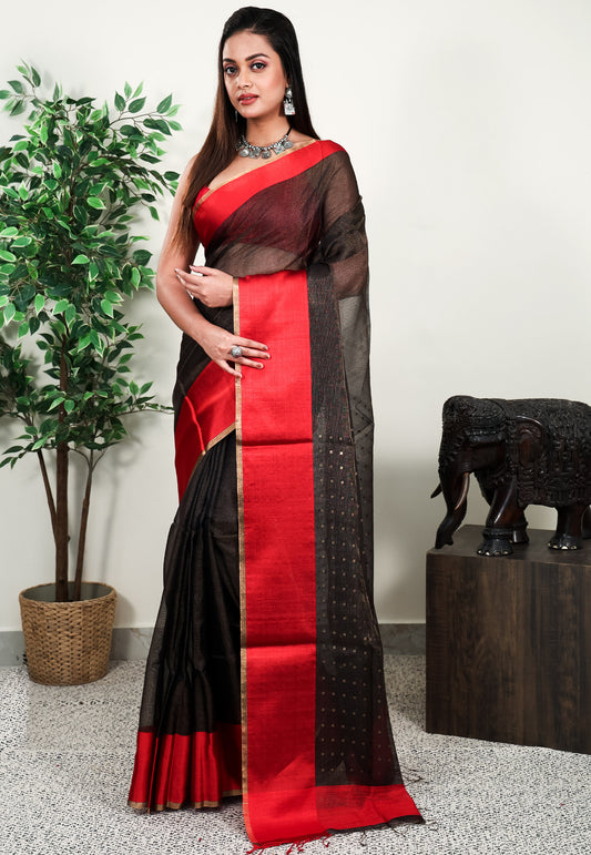 Black Kora Handloom Pure Silk Saree With Blouse Piece