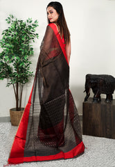 Black Kora Handloom Pure Silk Saree With Blouse Piece