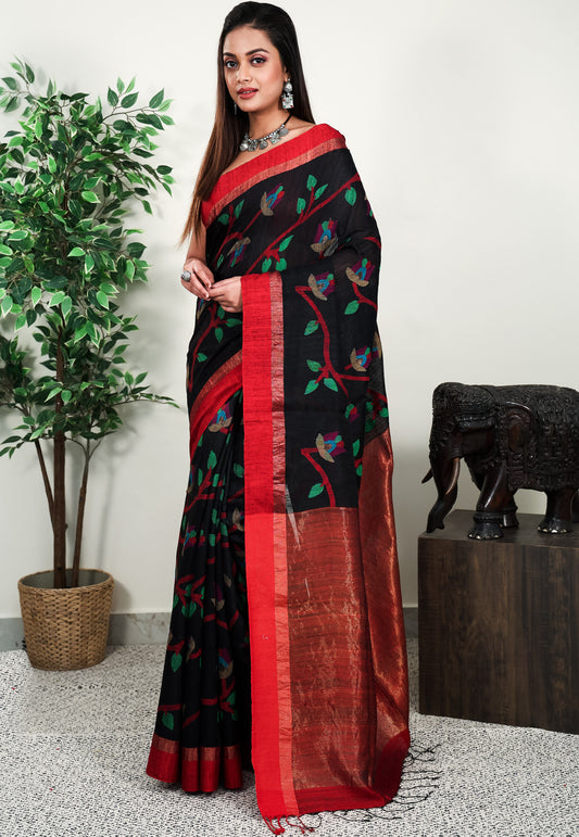 Black Matka Handloom Saree With Blouse Piece