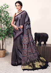 Black Ajrakh print in Modal Silk Saree With Blouse Piece