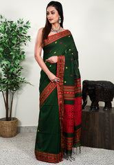 Bottle Green Handloom Saree With Blouse Piece