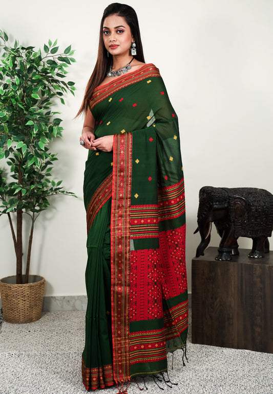 Bottle Green Handloom Saree With Blouse Piece