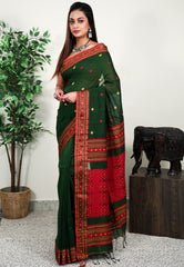 Bottle Green Handloom Saree With Blouse Piece