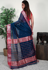 Turquoise Blue Sico Handloom Saree With Blouse Piece