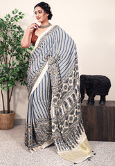 White Ajrakh print in Modal Silk Saree With Blouse Piece