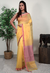 Lemon Yellow Sico Handloom Saree With Blouse Piece