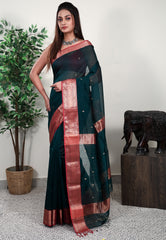 Bottle Green Sico Handloom Saree With Blouse Piece