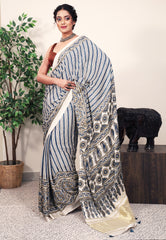 White Ajrakh print in Modal Silk Saree With Blouse Piece