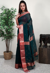 Bottle Green Sico Handloom Saree With Blouse Piece