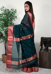 Bottle Green Sico Handloom Saree With Blouse Piece