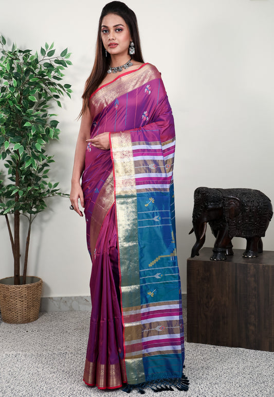 Magenta Blended Silk Handloom Saree With Blouse Piece