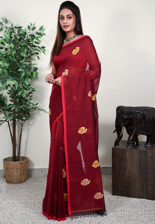 Maroon Handloom Saree With Blouse Piece