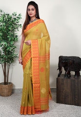 Cross Mustard Handloom Saree With Blouse Piece