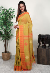 Cross Mustard Handloom Saree With Blouse Piece