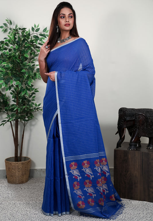 Royal Blue Handloom Saree With Blouse Piece