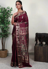 Deep Magenta Baluchari Silk Saree with Blouse Piece - Adi Akshoy & Co.