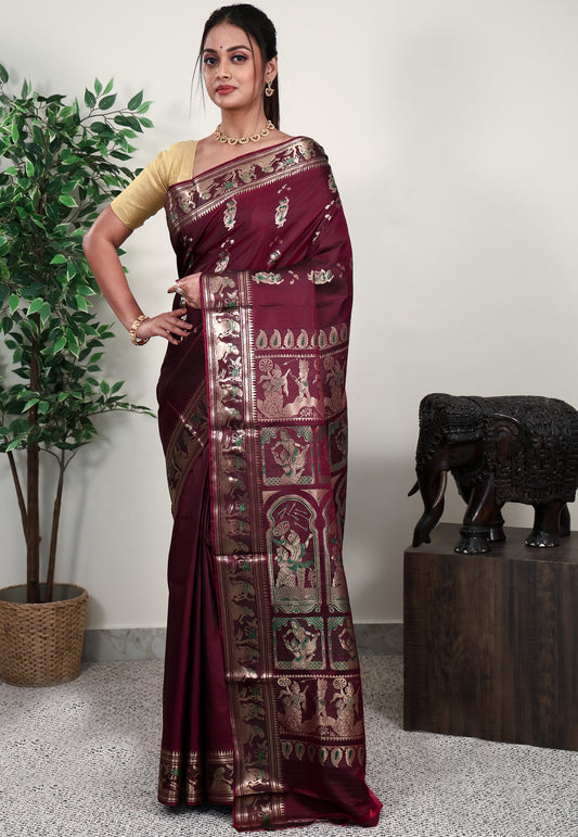 Deep Magenta Baluchari Silk Saree with Blouse Piece