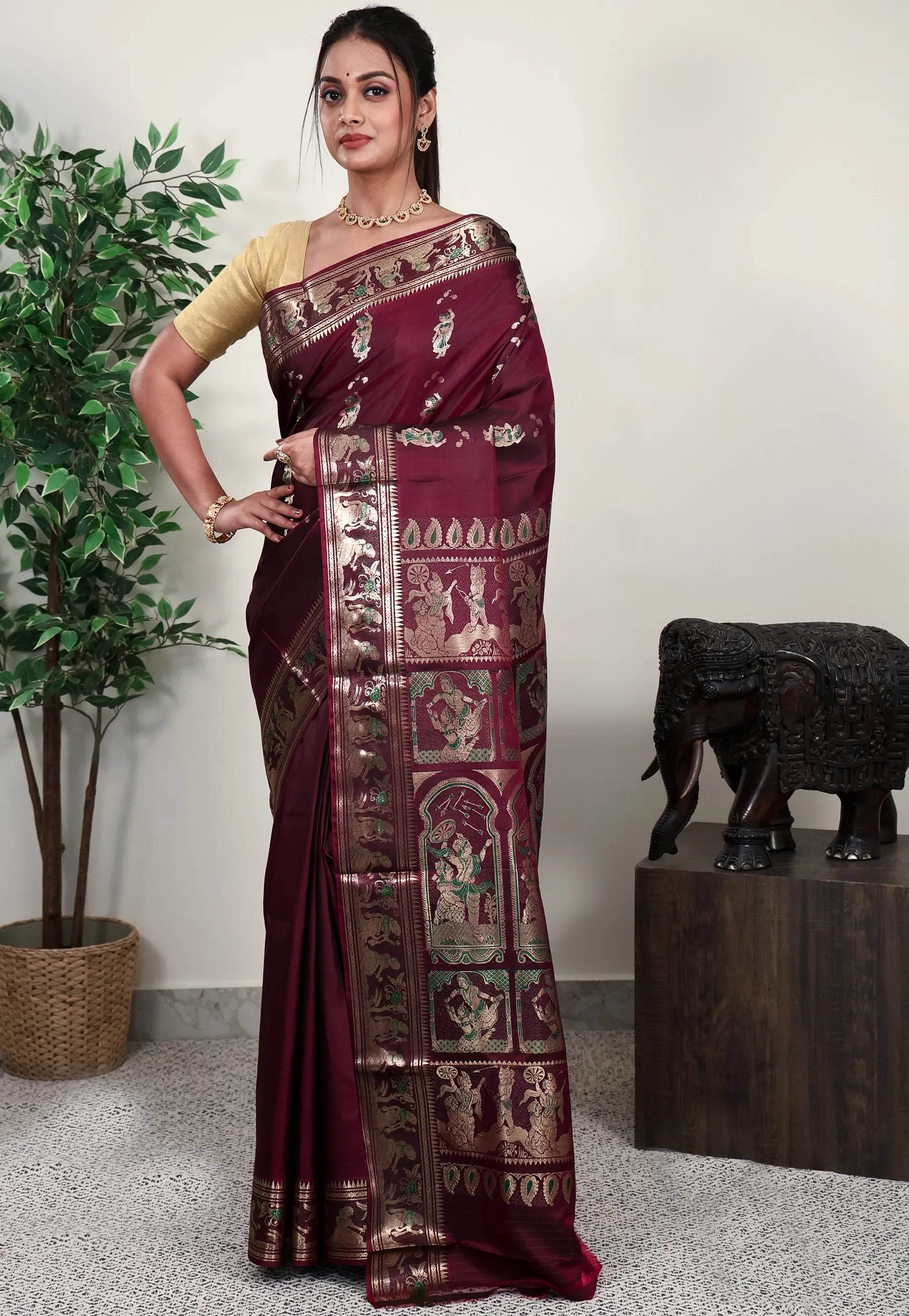 Deep Magenta Baluchari Silk Saree with Blouse Piece - Adi Akshoy & Co.