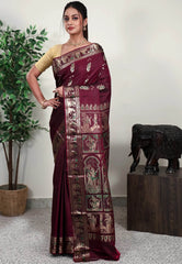 Deep Magenta Baluchari Silk Saree with Blouse Piece - Adi Akshoy & Co.