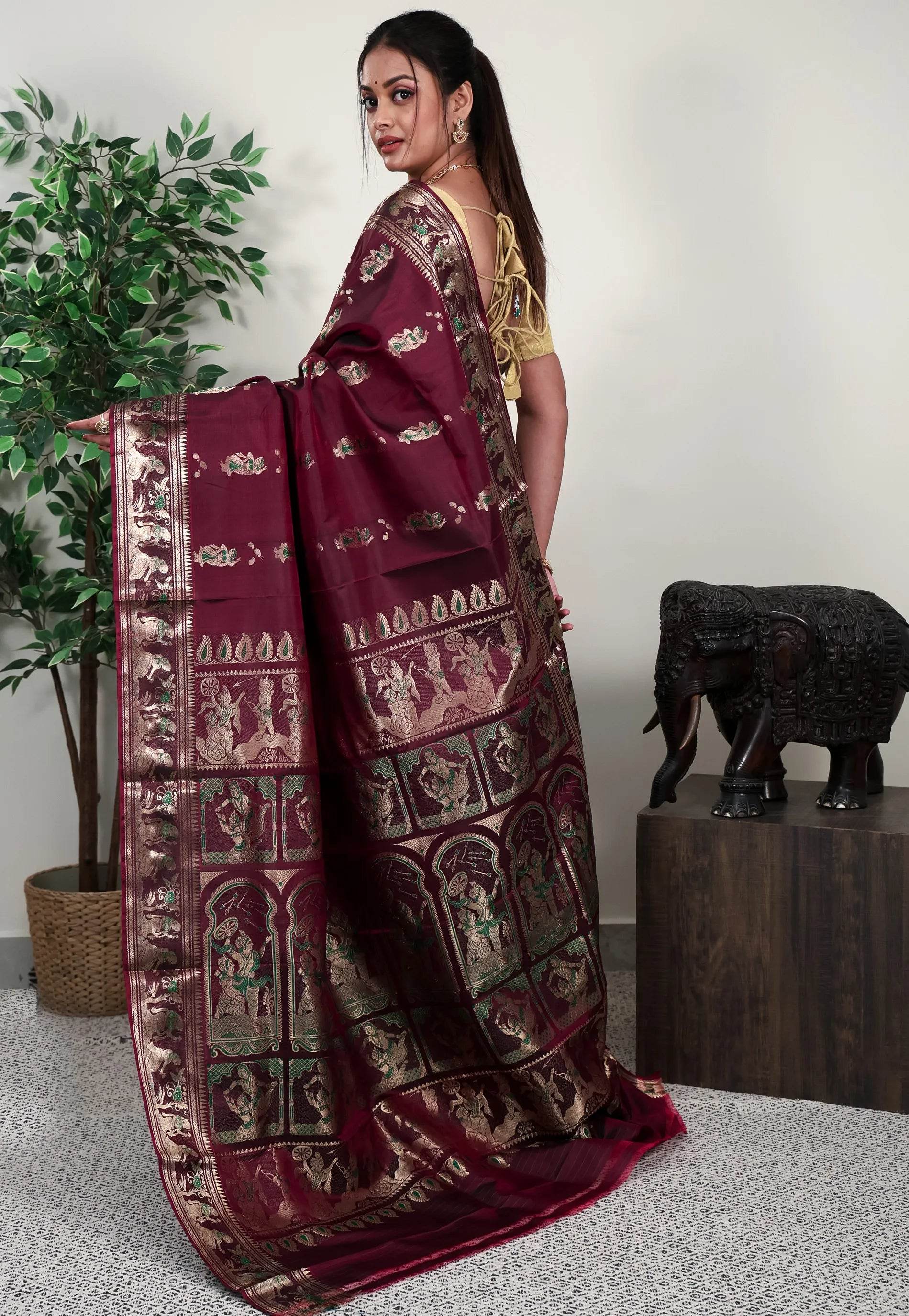Deep Magenta Baluchari Silk Saree with Blouse Piece - Adi Akshoy & Co.