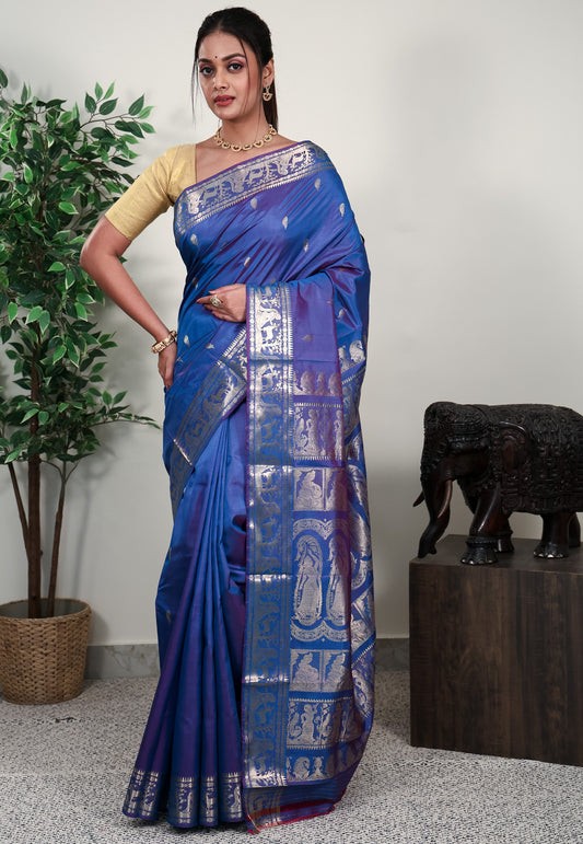 Dual shades of Blue and Magenta Baluchari Silk Saree with Blouse Piece