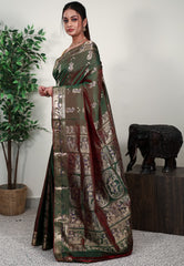 Cross Green Baluchari Silk Saree with Blouse Piece