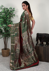 Cross Green Baluchari Silk Saree with Blouse Piece