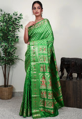 Parrot Green Brocade Baluchari Silk Saree with Blouse Piece
