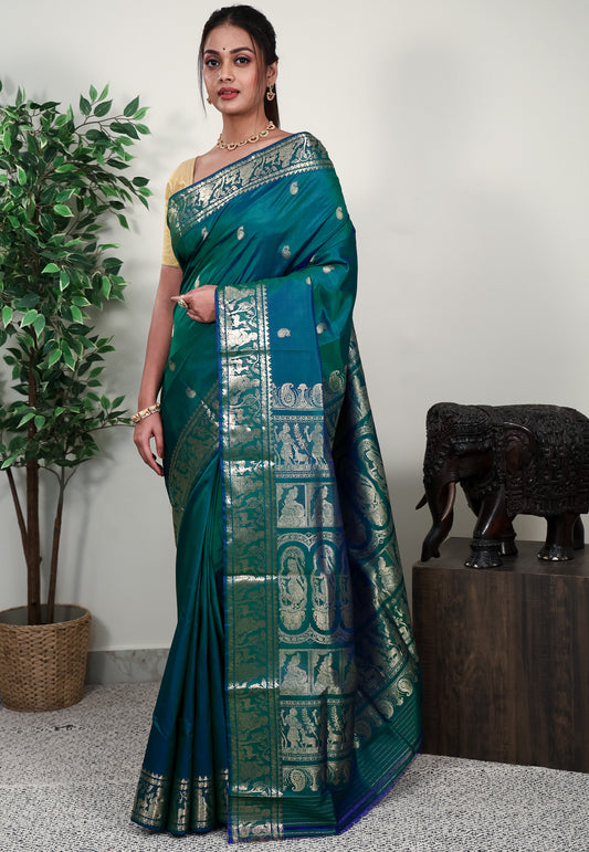 Peacock Blue Baluchari Silk Saree with Blouse Piece